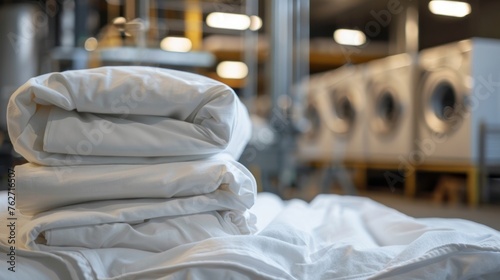 A neatly organized stack of clean bed sheets is displayed in front of an industrial washing machine © Chingiz