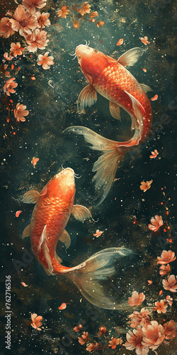 Two vibrant koi fish swimming with cherry blossoms in a dreamy water scene