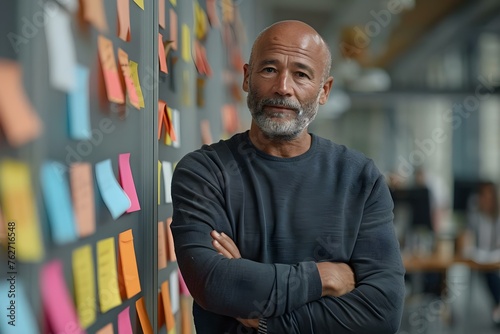 Man presenting Scrum Agile method to diverse team using sticky notes. Concept Agile Methodology, Scrum Framework, Team Collaboration, Project Management, Sticky Notes Strategy