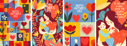A heartwarming collection of four Mother's Day vector illustrations, featuring joyful patterns of heart-shaped flowers and a tender moment between a mother and child.