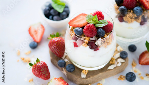 Healthy Food Photography - Greek Yogurt Parfait with Fresh Berries and Granola