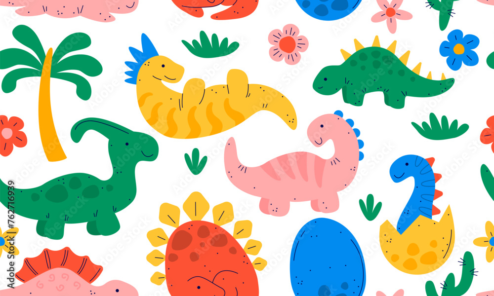 Seamless pattern with Dino vector illustration. Cute Dinosaur, Dragon and egg