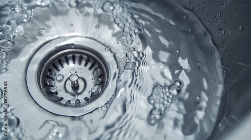 A top view captures water elegantly draining down a stainless steel kitchen sink hole A top view captures water elegantly draining down a stainless steel kitchen sink hole
