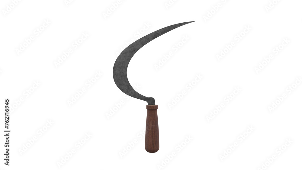Sickle with dark wood handle isolated on transparent and white background. Garden concept. 3D render