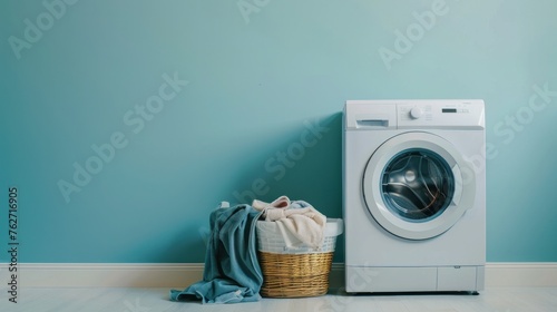 A washing machine, loaded with laundry and accompanied by a basket