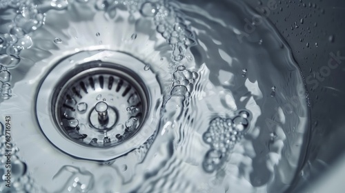 A top view captures water elegantly draining down a stainless steel kitchen sink hole