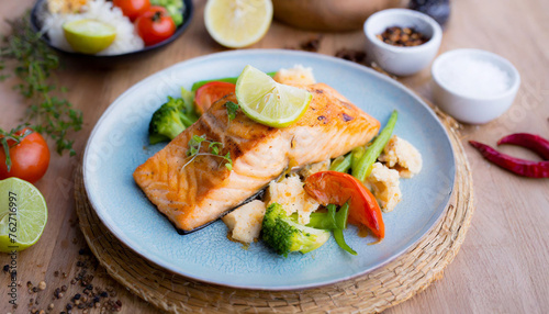 Healthy Food Photography - Grilled Salmon with Steamed Vegetables