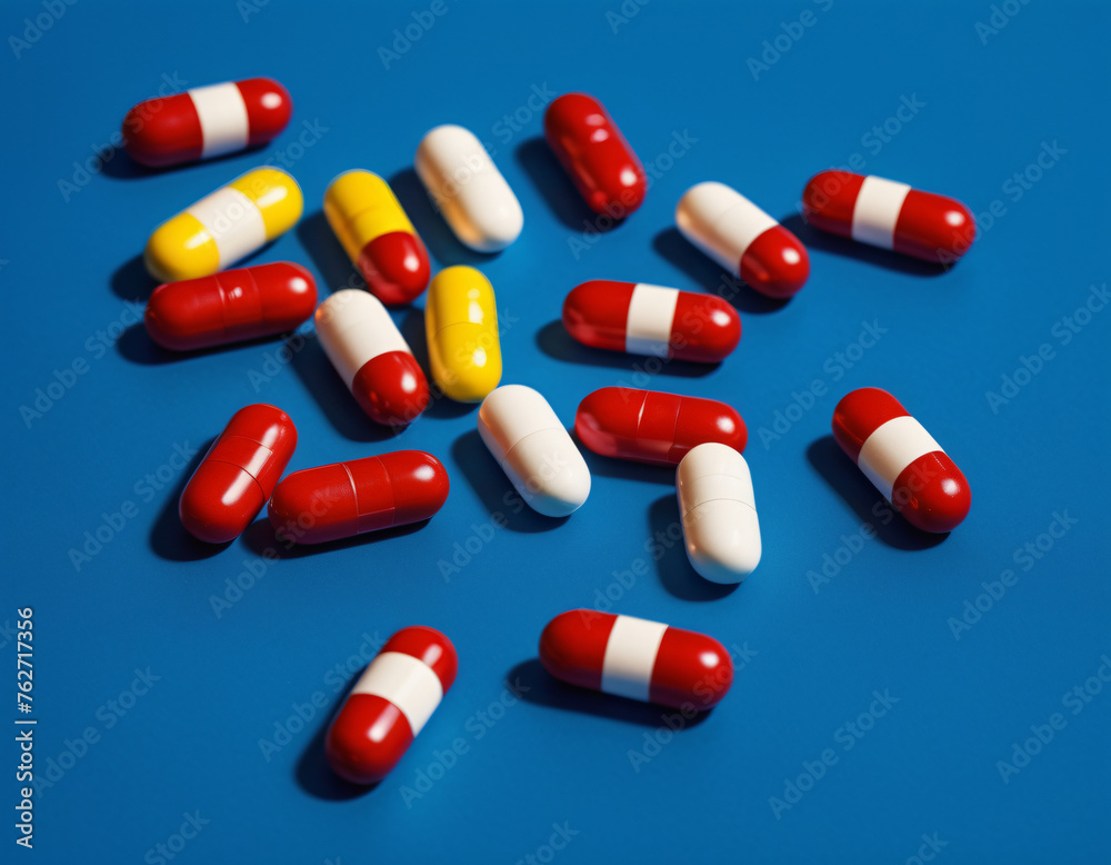 Close-up of a set of colorful pills on a blue background