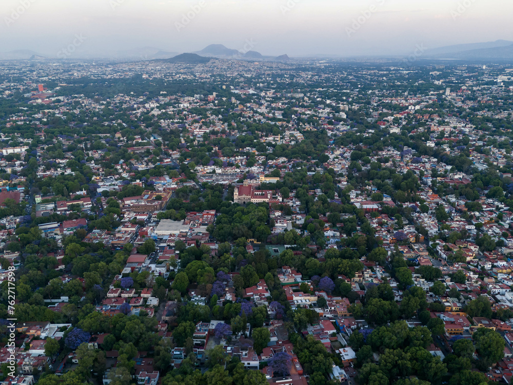 Aerial images of the Coyoacan neighborhood in CDMX, springtime when the jacarandas bloom