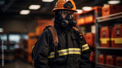 Man Wearing Firemans Helmet and Gas Mask