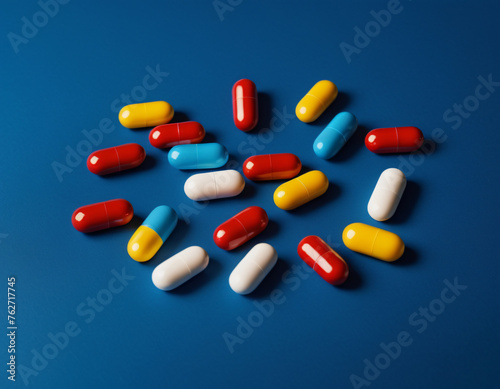 Close-up of a set of colorful pills on a blue background