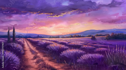 A lavender field under the purple sky, with rows of lavender plants and distant mountains in view. The road leading to dusk is filled with golden light. Oil painting banner.