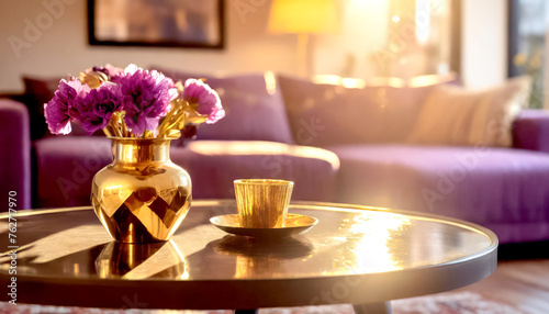 Im Vordergrund ein Tisch  im Hintergrunde in Wohnzimmer  in lila und Goldt  nen 