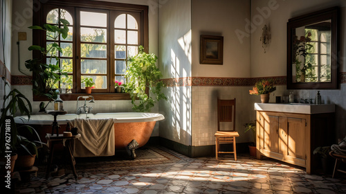 A bathroom with a large bathtub  a sink  and a mirror. The room is bright and sunny  with a wooden chair and a potted plant in the corner