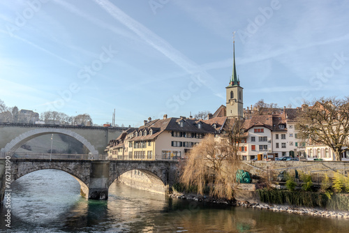 Bern old town cityscape with old buildings Bern Nydegg church and Aare river view, Bern is capital of Switzerland