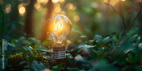 An energyefficient lightbulb symbolizing renewable power and sustainability in a circular economy. Concept Renewable Energy, Sustainability, Circular Economy, Energy Efficiency, Lightbulb Symbolism
