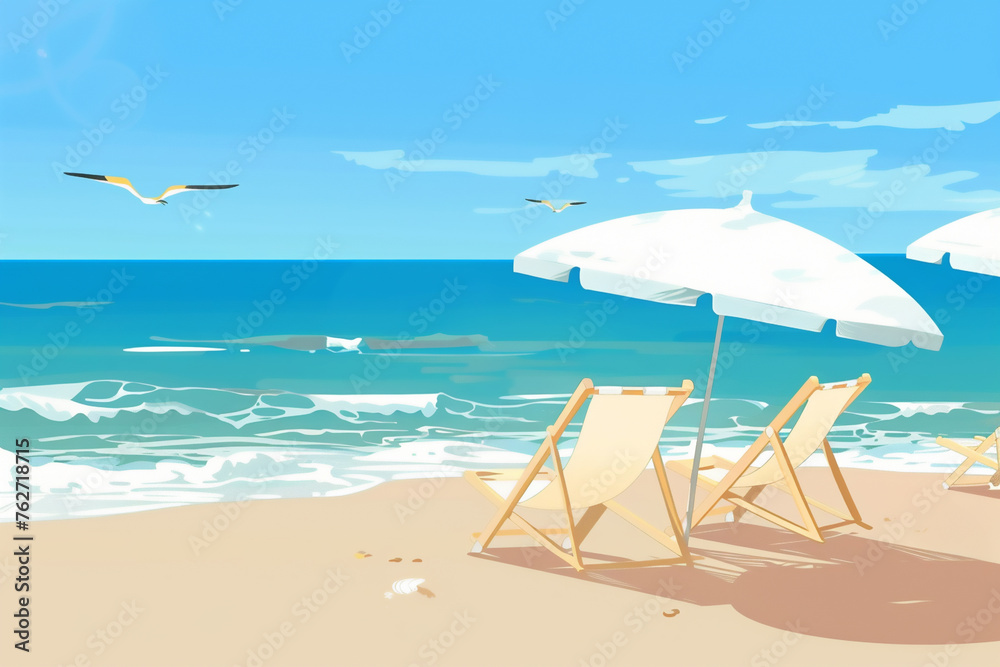 Deck chairs and beach umbrellas on deserted beach in summer