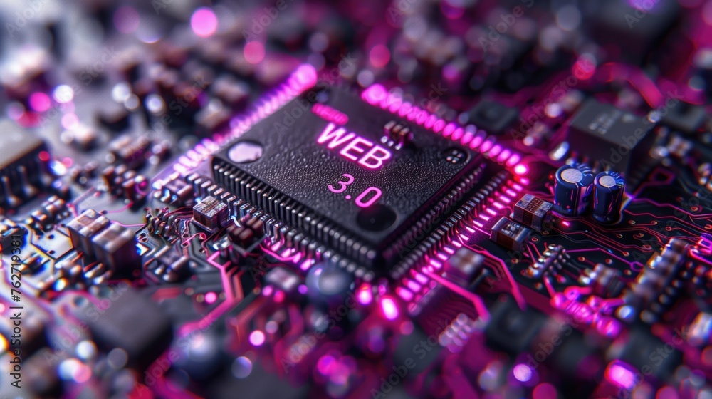 Close up of a hyper-detailed microchip in a gradient backdrop. The microchip has the text "WEB 3.0". Gradient backdrop transitioning from deep purple - obrazy, fototapety, plakaty 