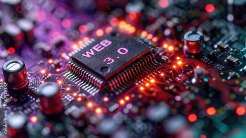 Close up of a hyper-detailed microchip in a gradient backdrop. The microchip has the text "WEB 3.0". Gradient backdrop transitioning from deep purple