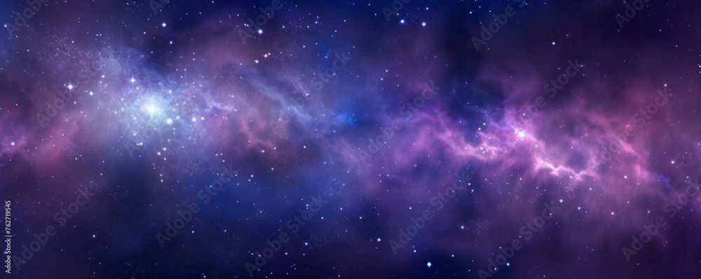 A vast expanse of space filled with numerous stars twinkling against a backdrop of billowing clouds. The stars shine brightly through the gaps in the clouds, creating. Banner. Copy space