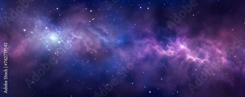 A vast expanse of space filled with numerous stars twinkling against a backdrop of billowing clouds. The stars shine brightly through the gaps in the clouds, creating. Banner. Copy space