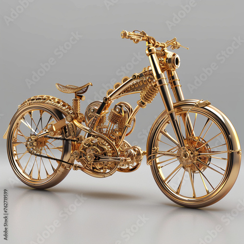 Bicicleta dorada estilo steampunk, con adornos, aislada, retro photo