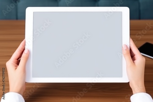Professional Blank Tablet Display in Office Environment. Professional setting with hands presenting a tablet with a blank, customizable screen.