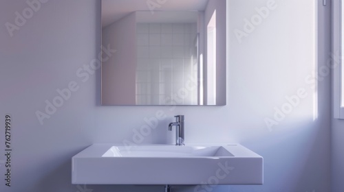 Minimalist Bathroom with Frameless Mirror Above White Sink - Standard Lens