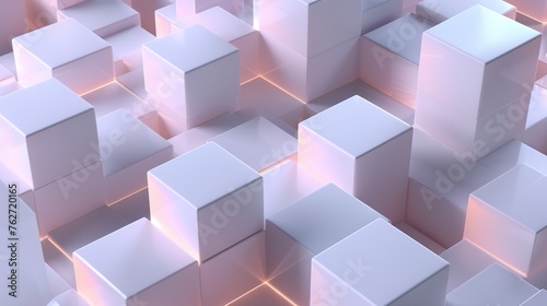 In this image, an artistic and modern arrangement of randomly shifted white cube boxes forms a captivating background, offering a fresh perspective on minimalist design.