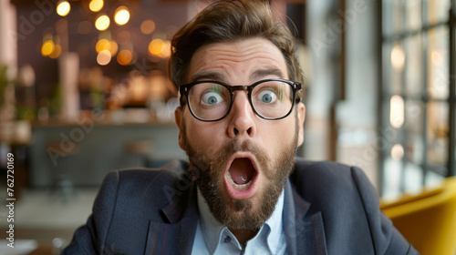 A man with glasses and a beard is wearing a blue suit and tie. He has his mouth open and is looking surprised. surprised businessman