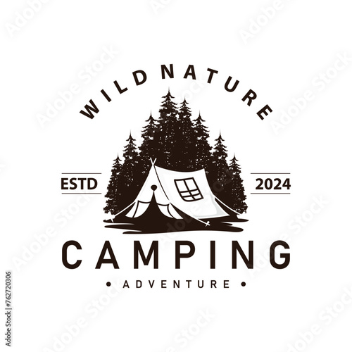 Camping logo wild forest design outdoor adventure illustration of trees and simple tent