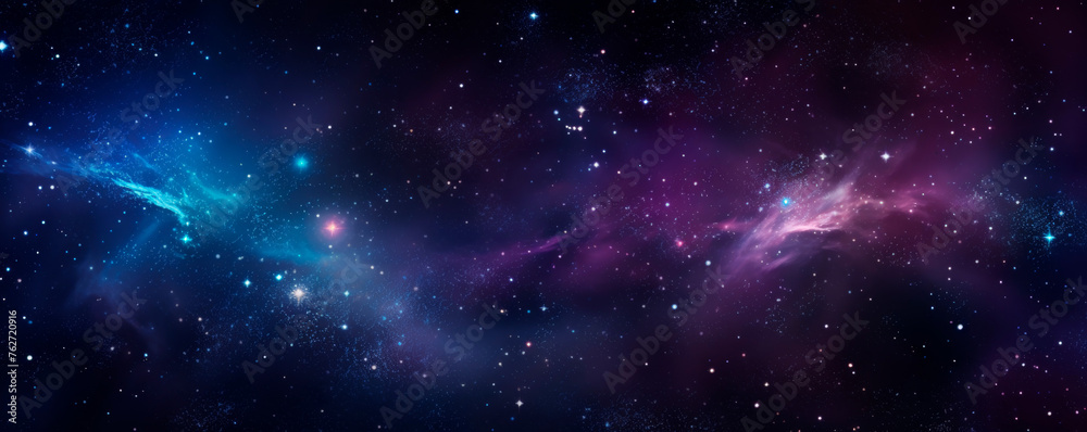 The vast expanse of space is teeming with countless stars and swirling cosmic dust particles. The stars twinkle against a backdrop of darkness, while the dust clouds. Banner. Copy space