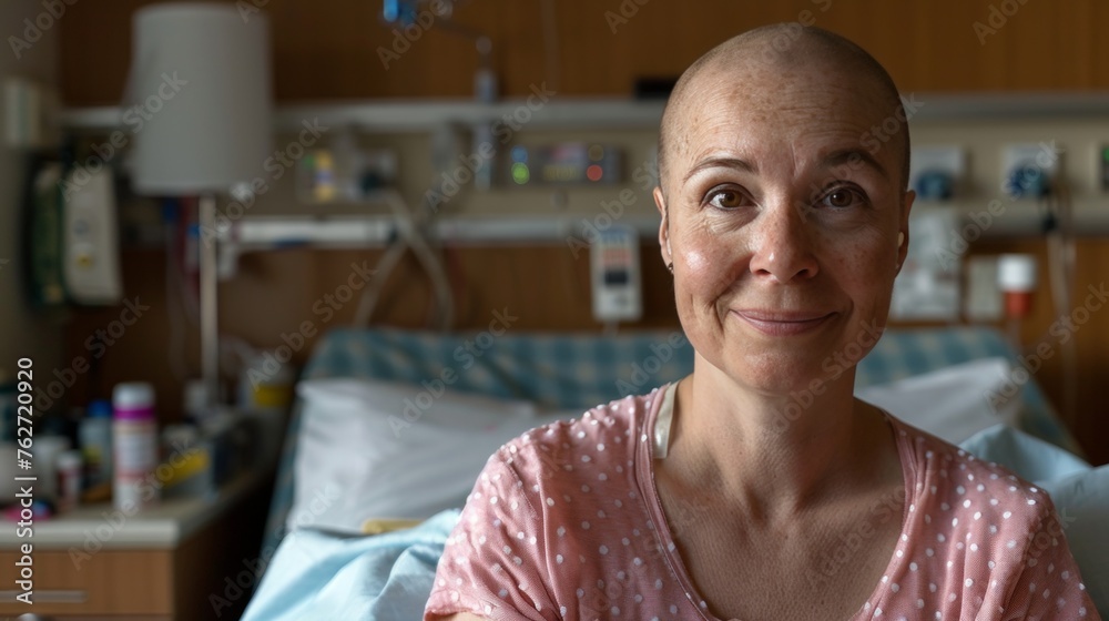 Obraz premium Smiling bald cancer patient in hospital bed, space for text placement for a compassionate message