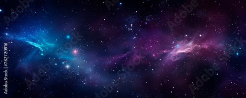 The vast expanse of space is teeming with countless stars and swirling cosmic dust particles. The stars twinkle against a backdrop of darkness, while the dust clouds. Banner. Copy space © stateronz