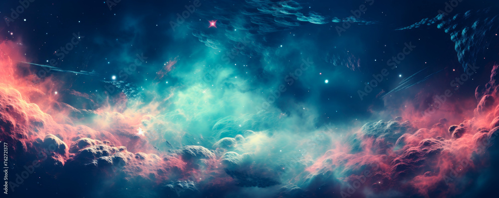 A vibrant space featuring an array of colorful clouds and twinkling stars scattered across the sky. A snapshot of the galaxy. Milky Way. Banner. Copy space