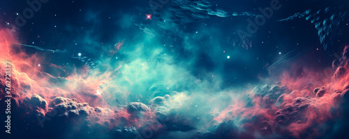 A vibrant space featuring an array of colorful clouds and twinkling stars scattered across the sky. A snapshot of the galaxy. Milky Way. Banner. Copy space