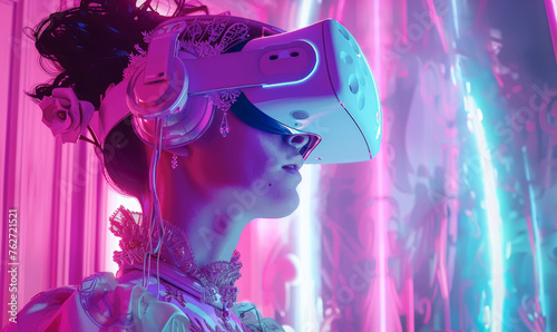 Glowing neon close-up profile of a young woman wearing VR glasses and seeing the world through different eyes, virtual reality and futuristic view.