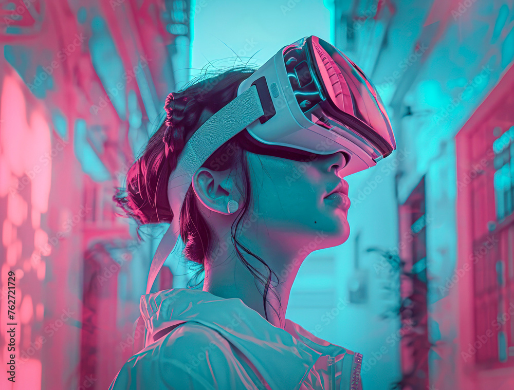Glowing neon close-up profile of a young woman wearing VR glasses and seeing the world through different eyes, virtual reality and futuristic view. Glowing neon close-up profile of a young woman wearing VR glasses and seeing the world through different eyes, virtual reality and futuristic view.
