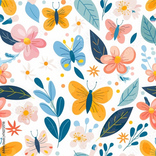 A seamless pattern of colorful flowers and butterflies, with leaves in various shades of green against a white background