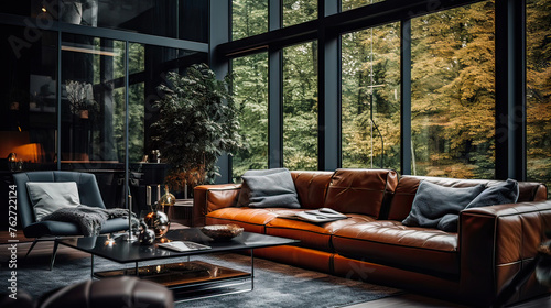 Stylish Home. Modern Interior Design Background, yard view.