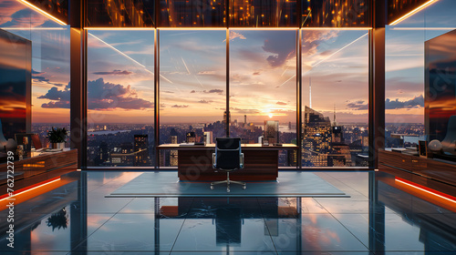 Modern Office Space with Panoramic City View, Sleek Design and Minimalist Furniture, Conceptual Work Environment photo