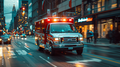 Ambulance car drove through the city street