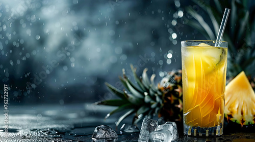 Glass with pineapple juice, pineappleand splashes of water.