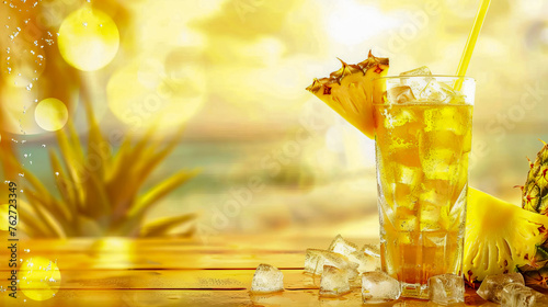 Glass with pineapple juice, pineappleand splashes of water. © Olga Gubskaya