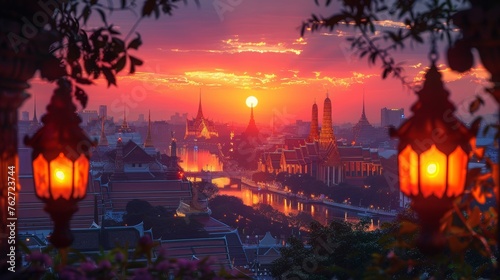 Wat phra keaw at sunset with the grand palace photo