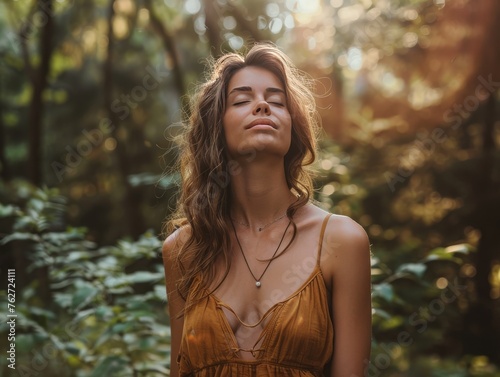 Woman Standing Eyes Closed in Forest