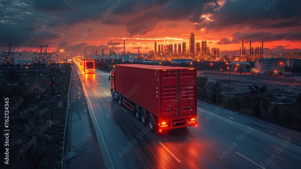 A truck transporting a container to the port with a background of oil and gas industry and petrochemical plants in the distance - obrazy, fototapety, plakaty 