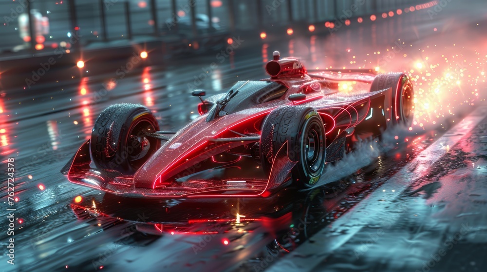 Race car with light effects in red.