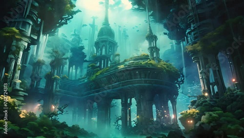 Fantasy alien planet. 3D illustration. Fantasy landscape. A thriving hidden oceanic civilization with enchanting architecture, bioluminescent plants, and mysterious inhabitants, AI Generated