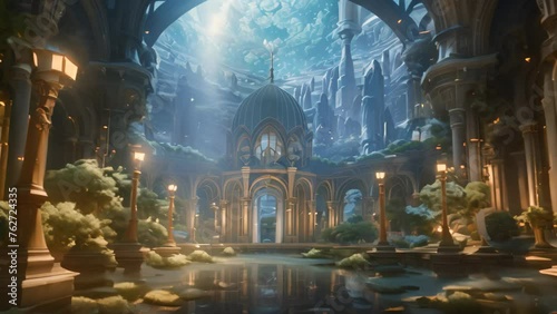 3D CG rendering of fantasy building and lake. A thriving hidden oceanic civilization with enchanting architecture, bioluminescent plants, and mysterious inhabitants, AI Generated